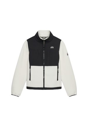 Giacca in pile bicolore nero e bianco con cerniera, collo alto e tasche laterali con cerniera, con piccolo logo sul petto e sulla manica.