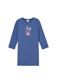 Nightdress blu con maniche lunghe in tessuto morbido, caratterizzato da una grafica di un panda con accenti rosa e la scritta "Adoro la buonanotte" sotto il design.