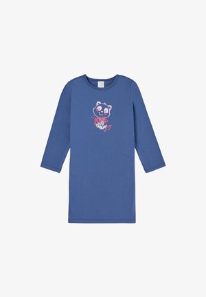 Un vestido de noche largo y azul de manga larga en una tela suave, que presenta un gráfico de panda con acentos rosas y el texto "Me encanta buenas noches" debajo del diseño.