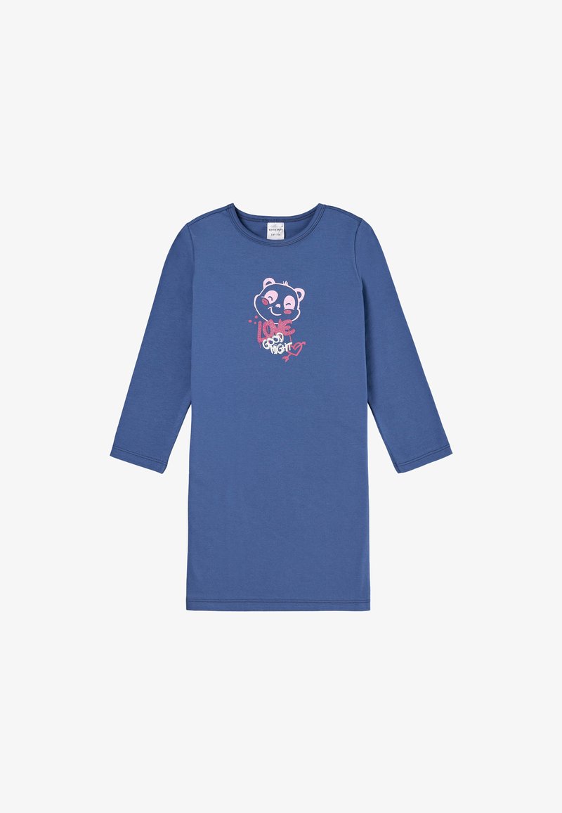 Nightdress blu con maniche lunghe in tessuto morbido, caratterizzato da una grafica di un panda con accenti rosa e la scritta "Adoro la buonanotte" sotto il design.
