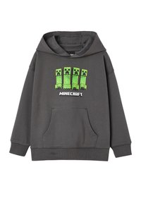 Grauer Kapuzenpullover mit einer frontalen Kängurutasche, ausgestattet mit einem Druckdesign von vier Creeper-Charakteren und dem Wort "Minecraft".