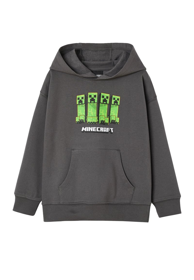 Grauer Kapuzenpullover mit einer frontalen Kängurutasche, ausgestattet mit einem Druckdesign von vier Creeper-Charakteren und dem Wort "Minecraft".