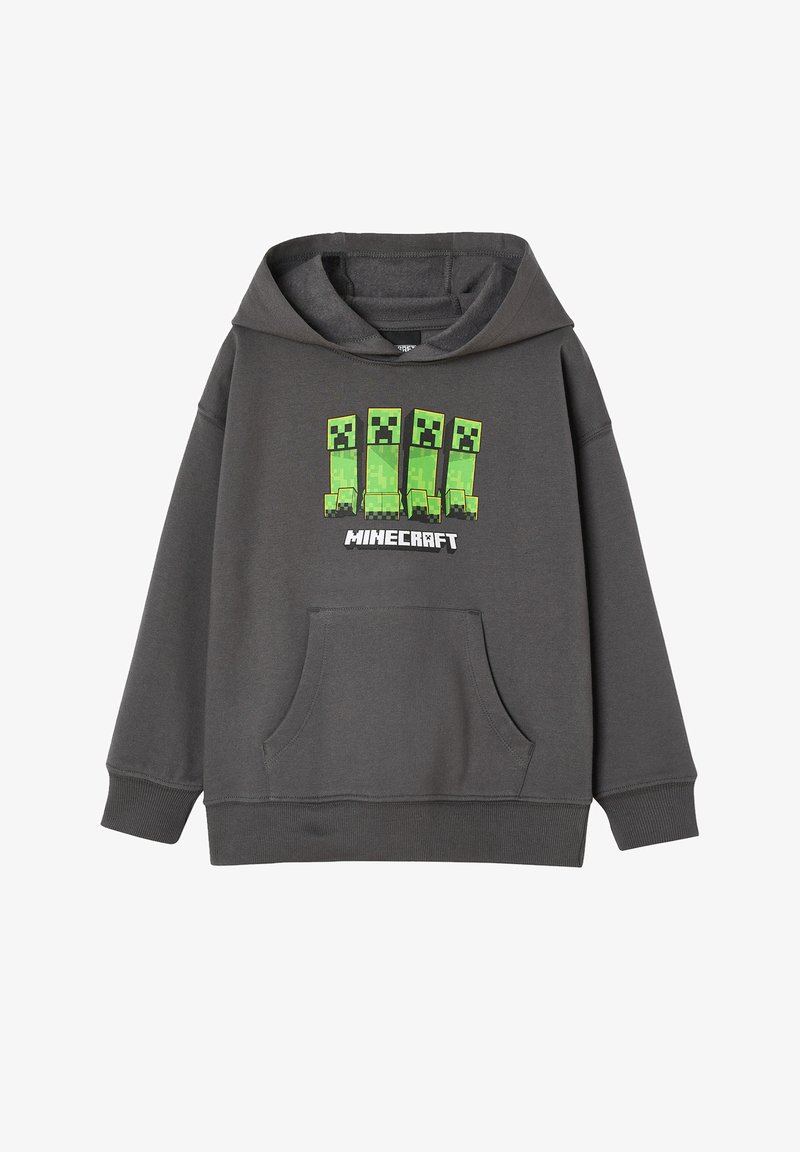Grauer Kapuzenpullover mit einer frontalen Kängurutasche, ausgestattet mit einem Druckdesign von vier Creeper-Charakteren und dem Wort "Minecraft".