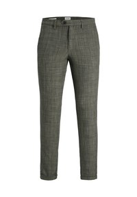 Pantalons à carreaux verts en tissu texturé. Dotés d'une coupe droite, d'une fermeture à bouton et de deux poches avant avec un ourlet propre.
