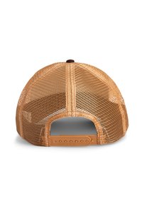 Mesh-back cap in light tan with a plastic snap closure. Features a round top button and exposed stitching along the brim edge.