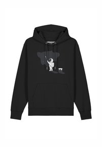 Schwarzer Hoodie aus Baumwolle mit einer vorderen Tasche. Merkmale ein grafisches Motiv einer Figur in einem Astronautenanzug, die nach Sternen gegen einen dunklen Hintergrund greift.