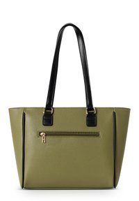 Olijfgroene faux leren tote bag met zwarte handvatten, gouden ritsaccent en gestructureerd oppervlak. Beschikt over een voorvak met rits en een gestructureerde vorm.
