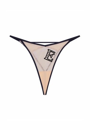 Naga siateczkowa stringi w kolorze nude z granatowymi wykończeniami, z trójkątnym wzorem i haftowanym czarnym logo "E" z przodu.