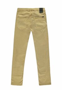 Beige cotton blend trousers with a slim fit, five-pocket design, visible stitching, and a logo patch on the back waistband.