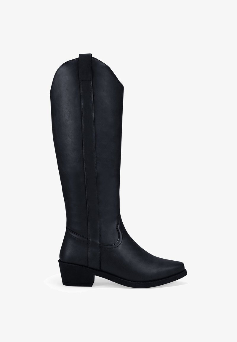 Botas negras hasta la rodilla hechas de cuero sintético suave. Punta cuadrada, tacón bajo y detalles de costura sutiles.