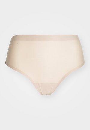 Braguita de talle alto en color beige, fabricada con un material suave y elástico. Presenta bordes sin costuras y una cinturilla suave para mayor comodidad. Sin patrones visibles.