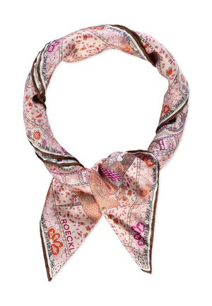 Silk scarf with pink, orange, and brown floral and geometric patterns, tied in a loose knot with a visible brand name "ROECKL".