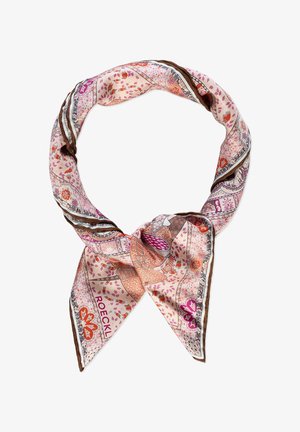 Silk scarf with pink, orange, and brown floral and geometric patterns, tied in a loose knot with a visible brand name "ROECKL".