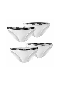 Weiße Baumwollslips mit einem schwarzen elastischen Bund, der das wiederholte Markenlogo trägt, vier Paare in einer flachen Anordnung präsentiert.