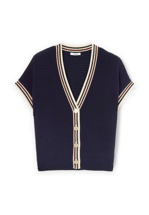 Cardigan de punto de manga corta en color azul marino, con cuello en V, ribete a rayas en crema y burdeos, y cuatro botones claros en el frente. Tejido texturizado.