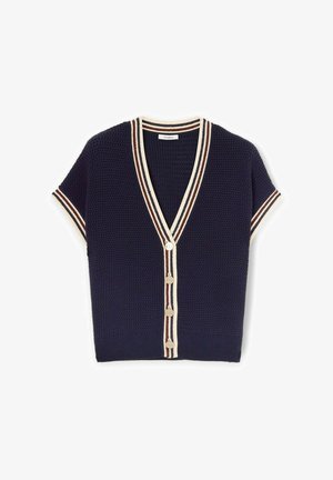 Navy knitted short-sleeve cardigan, V-neck, with cream and maroon striped trim and four light buttons down the front. Textured fabric.