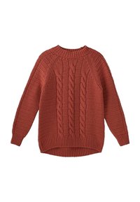 Sweter w kolorze rdzy, wykonany na drutach, z wzorami warkoczowymi, okrągłym dekoltem, długimi rękawami, teksturowanym materiałem i ściągaczem na dole. Luźny krój.