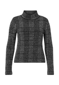 Pull à carreaux noir et blanc avec un col montant, des manches longues et une coupe ajustée, présentant des motifs tissés et un tissu texturé.