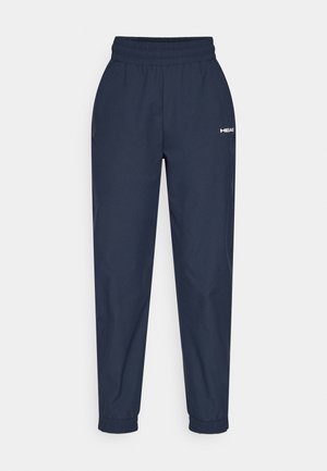 Marineblaue Sporthose mit elastischem Bund und Bündchen. Mit weißem Logo am linken Oberschenkel. Hergestellt aus glattem, leichtem Stoff.