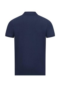 Navy blue polo shirt made of cotton, featuring short sleeves, a folded collar, and a seamless back design. Suitable for casual wear.