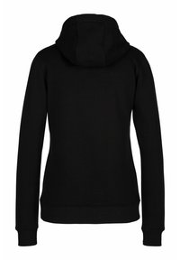 Zwarte hoodie met een ruime, gevoerde capuchon. Beschikt over lange mouwen, ribgebreide manchetten en een soepele, gestructureerde stof. Geen zichtbare logo's of patronen.