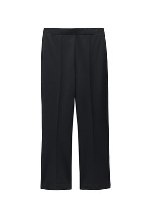 Schwarze, weite Hose mit glatter Textur, ausgestattet mit einem flachen Bund und zwei vorderen Falten für zusätzliche Details.