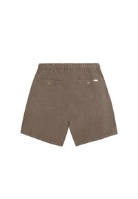 Brune bomuldsShorts med elastisk talje, der har to baglommer med knapper og en tekstureret overflade.