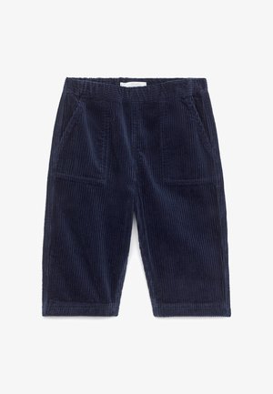 Short en velours côtelé bleu marine avec poches plaquées devant et taille élastiquée, présenté sur fond blanc.