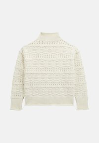 Suéter de cuello alto de color crema, tejido, con un patrón texturizado de ondas alternas y puños y dobladillo acanalados.