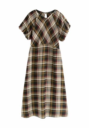 Sukienka midi z bufkami w beżową, brązową, ciemnoczerwoną i czarną kratę, z okrągłym dekoltem i zapięciem na guzik z tyłu z otworem.