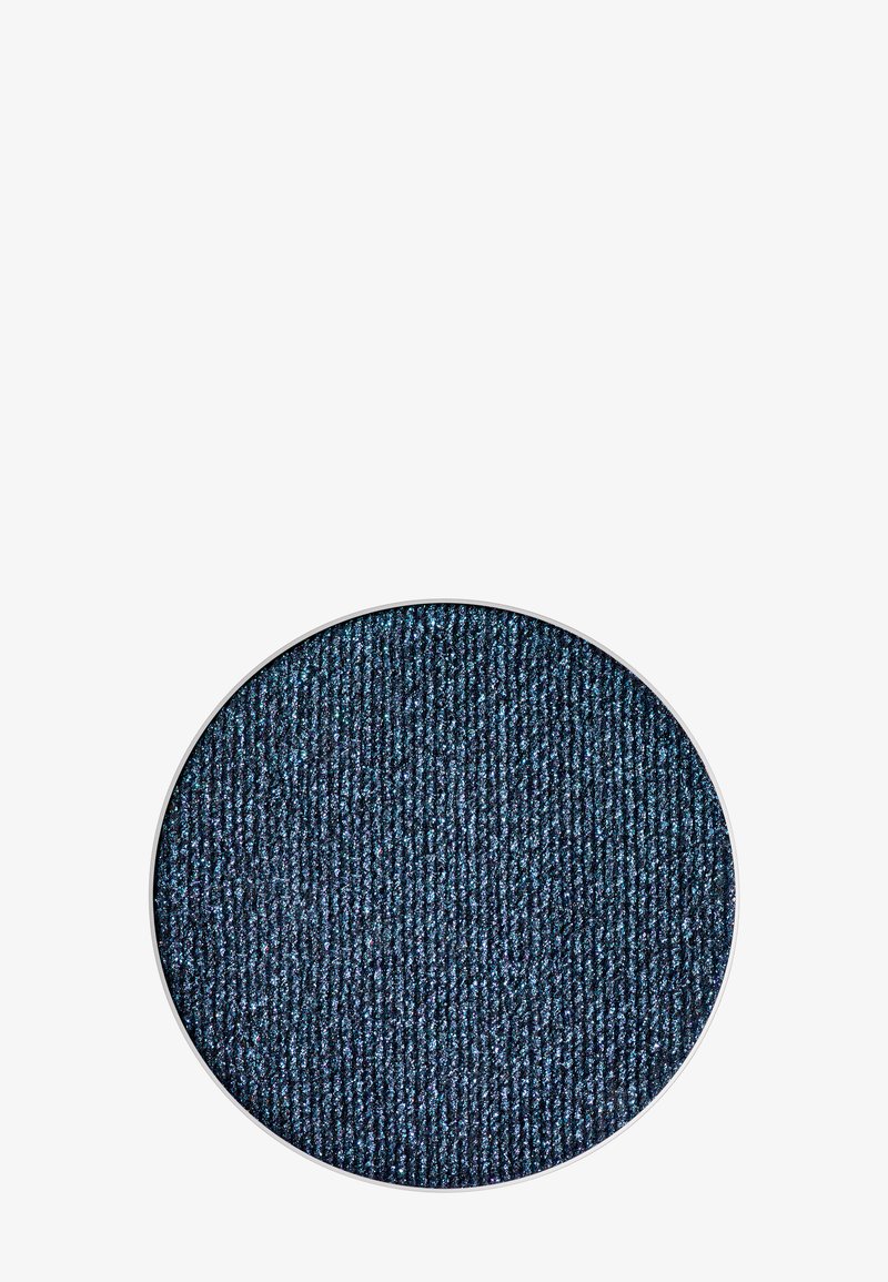 Round fabric swatch with a dark blue, textured surface featuring subtle shimmering threads, bordered by a silver circular edge.