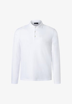 Biała długa koszula polo z trzema guzikami i klasycznym kołnierzykiem, wykonana z teksturowanej tkaniny, prezentowana na białym tle.