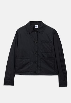 Black cropped jacket made of smooth fabric, featuring a pointed collar, six buttons, and two front patch pockets. Simple design with minimal accents.