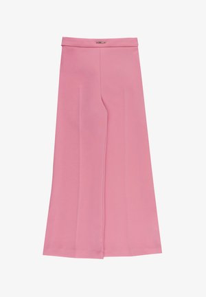 Pantaloni rosa a vita alta e gamba larga con cucitura frontale nascosta e piccolo logo metallico del marchio in vita.