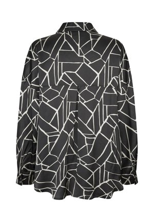 Pikendameelse varrukaga must särk, millel on geomeetriline valge muster, kerge läige, krae ja nööpidega mansetid, lõdva lõikega.