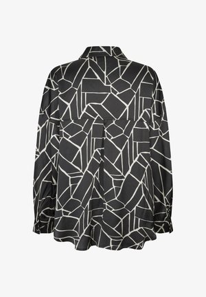 Pikendameelse varrukaga must särk, millel on geomeetriline valge muster, kerge läige, krae ja nööpidega mansetid, lõdva lõikega.