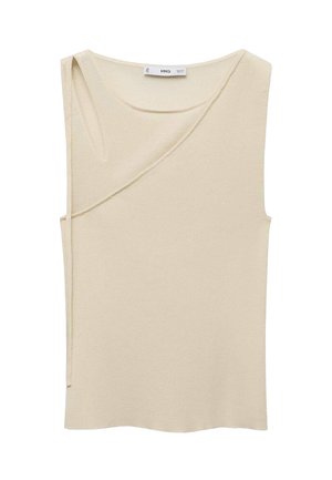 Top bej fără mâneci cu decolteu în formă de cerc, având un design asimetric și un material texturat moale. Cercul minimalist fără pietre sau broderii.