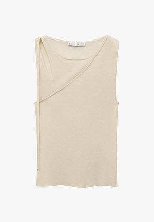 Beżowy top bez rękawów z okrągłym dekoltem, o asymetrycznym kroju i miękkiej teksturowanej tkaninie. Minimalistyczny krój bez ozdób.