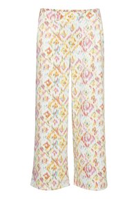 Pantalon large à motifs, léger, en blanc avec des motifs de diamants et floraux multicolores dans des teintes de rose, jaune, orange et bleu. Taille élastique.