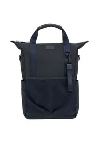 Zaino blu navy con un design strutturato, dotato di manico superiore, tracolla staccabile e tasca frontale in rete. Realizzato in materiale resistente e impermeabile.