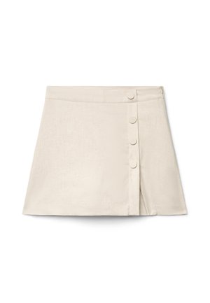 Beiger Minirock mit seitlicher Knopfleiste mit vier stoffbezogenen Knöpfen und einem dezenten vorderen Schlitz.
