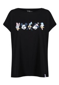 Camiseta negra de manga corta con personajes de dibujos animados: Mickey, Minnie, Donald y Goofy. Tela suave con un ajuste relajado y diseño impreso.