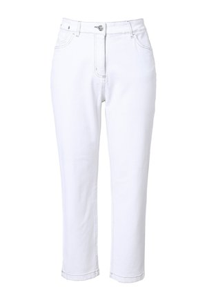 White denim jeans with a straight leg design, high waist, button closure, and visible stitching. Features a classic five-pocket style.