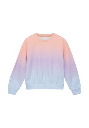 Sweat-shirt à col rond avec manches longues, présentant un dégradé de couleur allant du pêche en haut au bleu clair en bas.