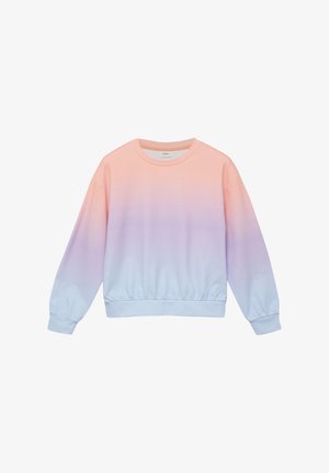 Crew neck sweatshirt with long sleeves, featuring a gradient color fade from peach at the top to light blue at the bottom.