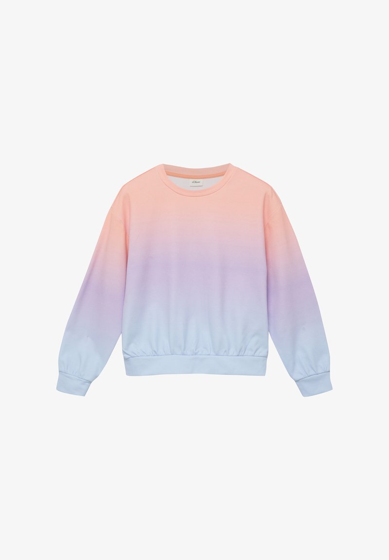 Sweat-shirt à col rond avec manches longues, présentant un dégradé de couleur allant du pêche en haut au bleu clair en bas.