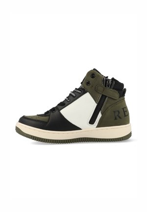 High-top sneakers in black, olive, and white leather. Features decorative zipper, laces, and textured sole with branding on heel.