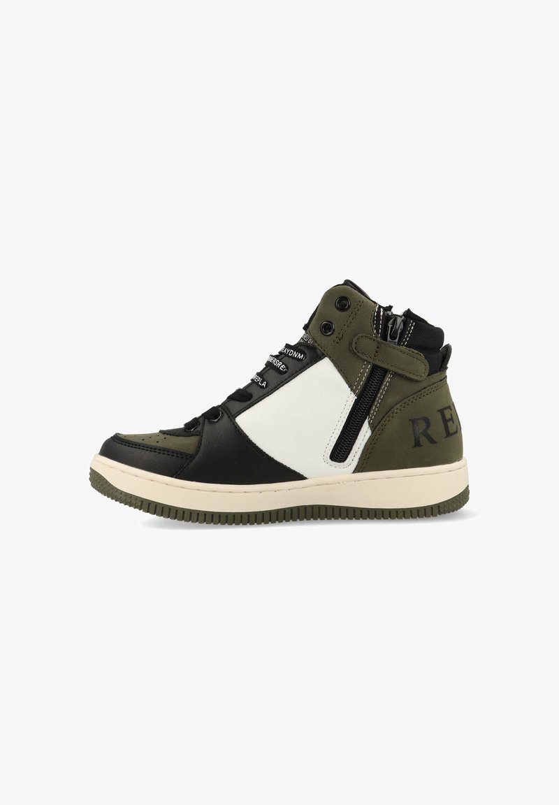 Zwarte, olijfgroene en witte leren high-top sneakers. Voorzien van decoratieve rits, veters en een gestructureerde zool met branding op de hak.
