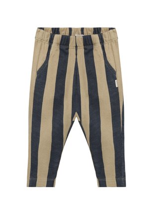 Broek met elastische taille, brede verticale zwarte en beige strepen en zijzakken voor kinderen.
