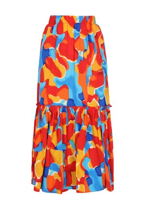 Színes, rétegelt szoknya, élénk absztrakt mintával pirosban, kékben és sárgában. Könnyű anyagból készült, rugalmas derékpánttal.
